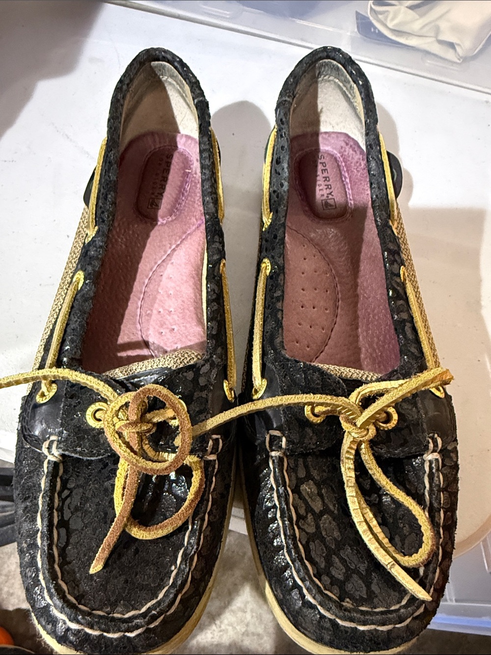 Sperry Black Moccasin Boat Shoes with Yellow Trim